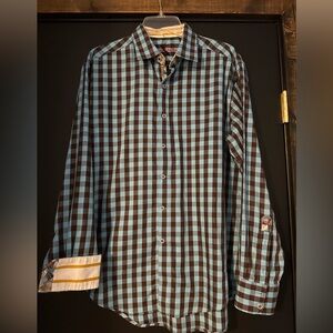 Robert Graham Blue and Brown Plaid Men’s Button-down Shirt Sz L